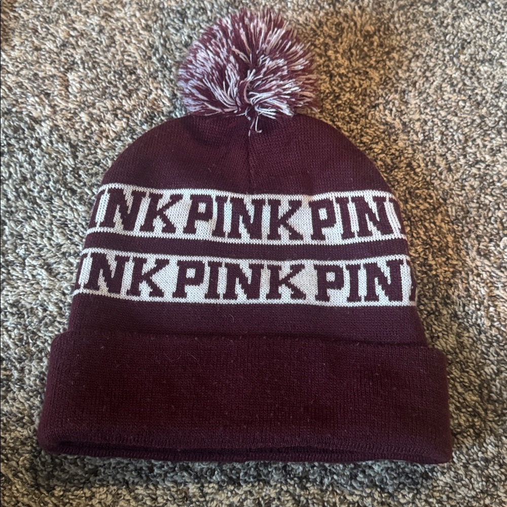 PINK Victoria's Secret Maroon Knit Pom-Pom Beanie